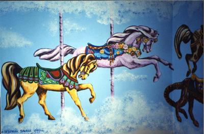 Celestial Carousel mural, pink and golden horses